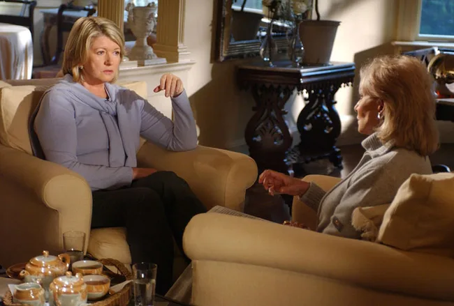 Two women sitting and talking in a warmly lit living room with tea set on the table.