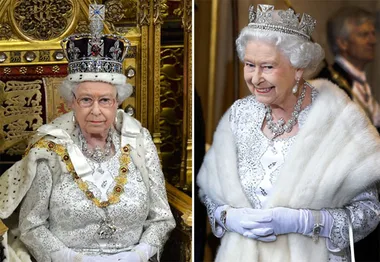 Two images of a queen wearing different crowns and regal attire, one seated and one standing and smiling.