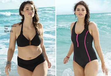 Plus-size model in black bikini and swimsuit on a beach, representing body positivity and diversity in fashion.