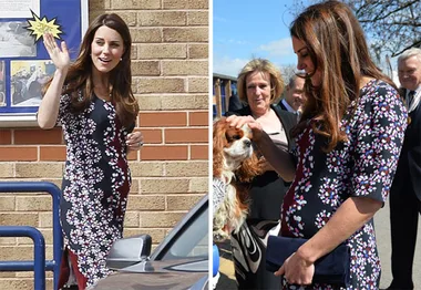Pregnant woman in floral dress waves and pets dog during public appearance.