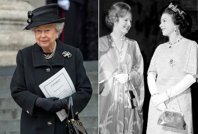 Queen attending a formal event; with separate historic photo of Queen and Margaret Thatcher smiling together.