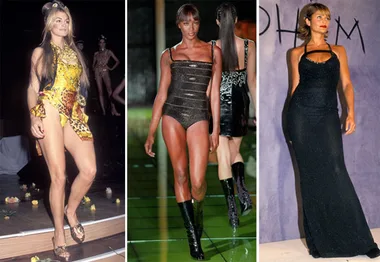 90s supermodels walking the runway in glamorous outfits; a yellow-patterned dress, a metallic swimsuit, and a black gown.