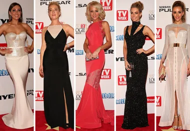 Five women in elegant gowns on the red carpet at the 2013 Logie Awards.