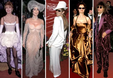 Five people in bold and unique 90s red carpet fashion, showcasing eclectic and adventurous outfits.