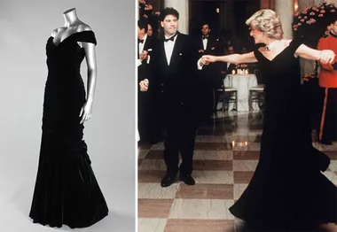 A black evening gown worn by a mannequin and a photo of a woman dancing in the same gown at an event.