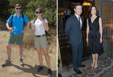 Two people in casual hiking gear outdoors. Later, the same pair dressed formally for an event.