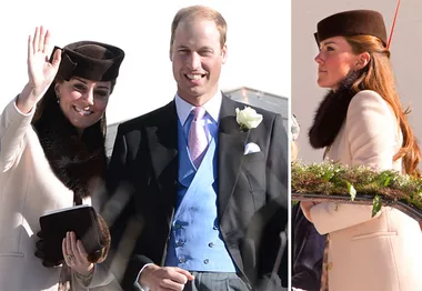 Couple smiling and waving, wearing formal winter attire and hats at a ski lodge.