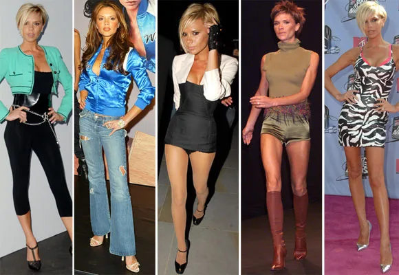 Image collage of Victoria Beckham wearing five different unique and stylish outfits, including dresses and casual wear.