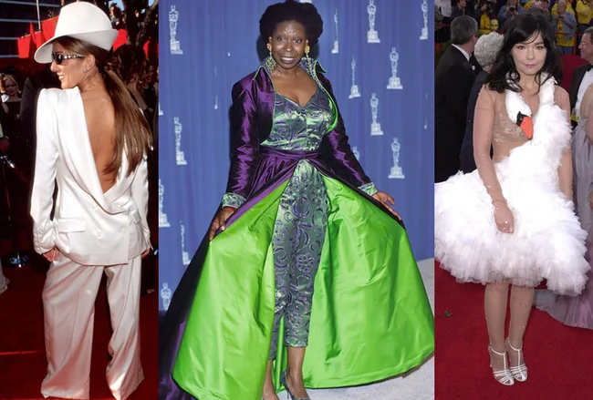 Three unique red carpet outfits from the Oscars, featuring bold white, purple/green, and iconic swan designs.