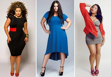 Three models confidently pose in fashionable outfits: a black dress, a blue dress, and a gray dress with a red jacket.