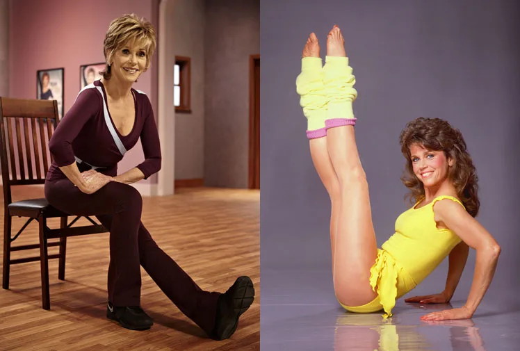 Jane Fonda doing exercises: one seated in workout gear, the other in a retro pose with leg warmers.