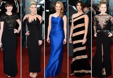 Five women on the 2013 BAFTA Awards red carpet in elegant evening gowns.