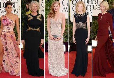 "Five women in elegant gowns on the red carpet at the 2013 Golden Globes, showcasing various styles and colors."