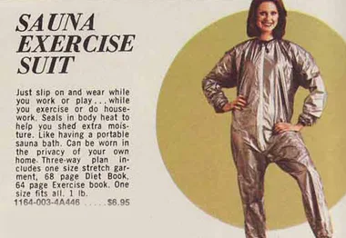 Woman wearing a silver sauna exercise suit, hands on hips, promoting retro fitness gear from a vintage advertisement.