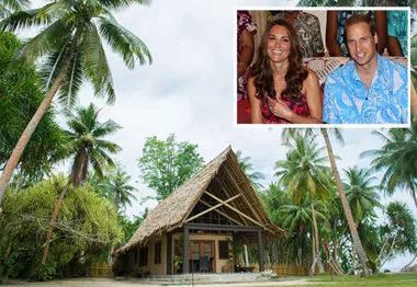 Tropical villa with thatched roof surrounded by palm trees; inset of smiling couple at an event.
