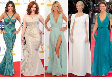 Five women in elegant gowns at a red carpet event, showcasing different styles and colors.