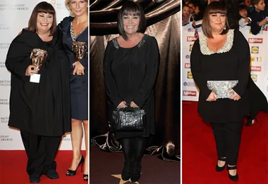 Dawn French in three different black outfits at various red carpet events, smiling and holding awards or a purse.