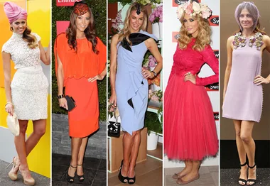 A group of five women in stylish, colorful outfits at the 2012 Melbourne Cup, featuring unique hats and dresses.