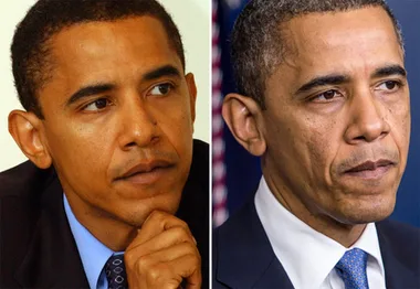 Side-by-side images of a man, showing visible aging over time, reflecting changes in hair and skin tone.