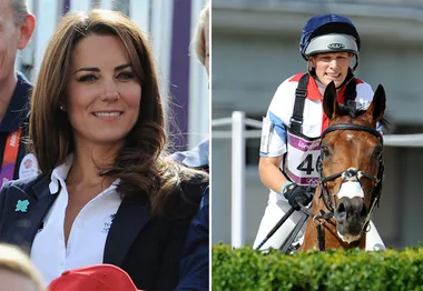 Zara Phillips at an equestrian event, wearing a helmet and riding a horse, with a woman in casual attire nearby.