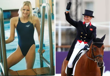 Two women: Left, in a swimsuit by a pool; Right, in equestrian attire on horseback, waving.