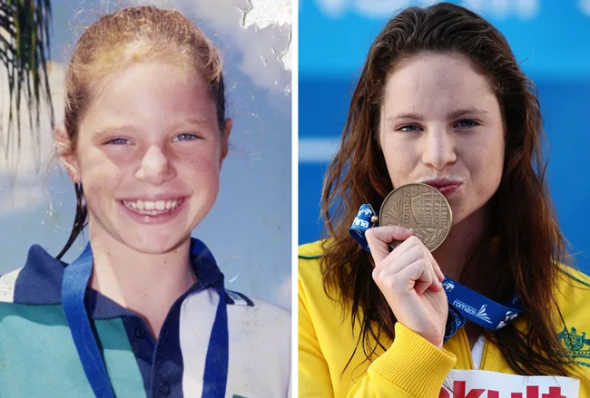Young girl smiling with medal on left; same person older, kissing a bronze medal on right.