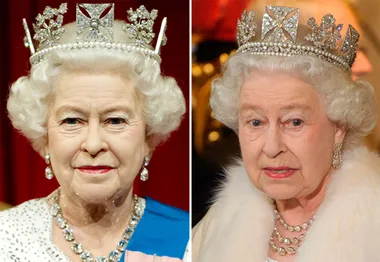 Two images side-by-side of a wax figure and the real Queen wearing similar attire and a crown.