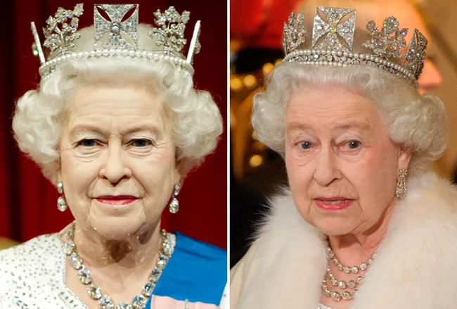 Two older women with white hair wearing ornate crowns, one in a white dress and the other in a fur-trimmed outfit.