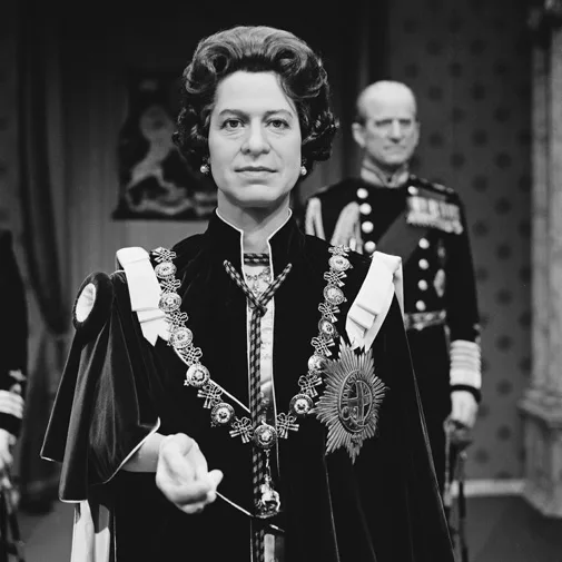 A woman in regal attire stands confidently, adorned with medals and a sash, with a uniformed man in the background.