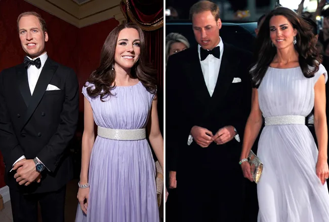 Two side-by-side images of a couple in formal attire; one is with wax figures, the other from an event.