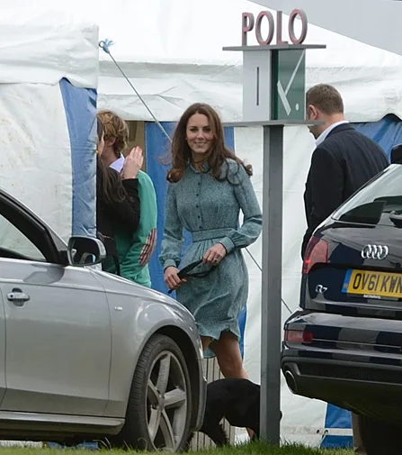 Woman in a blue dress smiling near a tent, with cars parked nearby and a "Polo" sign overhead.