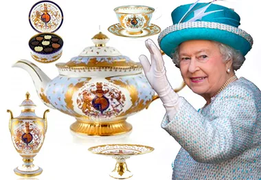 A monarch in formal attire waves near ornate jubilee tea set with royal emblems.