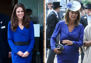 Kate Middleton and her mother wear the same blue dress at different events.