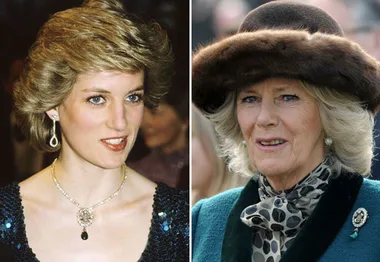 Two women wearing similar jewelry: a necklace and a brooch. One in a formal outfit, the other in a winter hat and coat.
