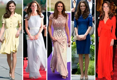 Kate Middleton in various elegant dresses: yellow, light blue, embellished pink, blue lace, and red.