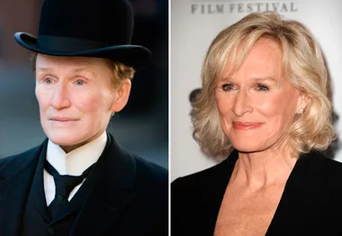 Two images side by side: person in historical men's attire with hat, and person in formal attire at an event.