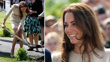 Woman in a mini dress and heels digging with a shovel, smiling in another shot outdoors.