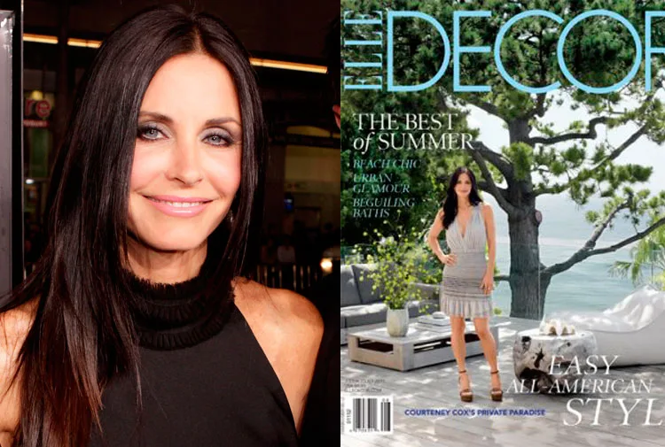 "Courteney Cox smiling at red carpet event; Elle Decor cover showing her in a stylish outdoor setting by the sea."