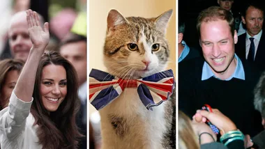 A woman waving, a cat in a Union Jack bow tie, and a man smiling in a crowd.