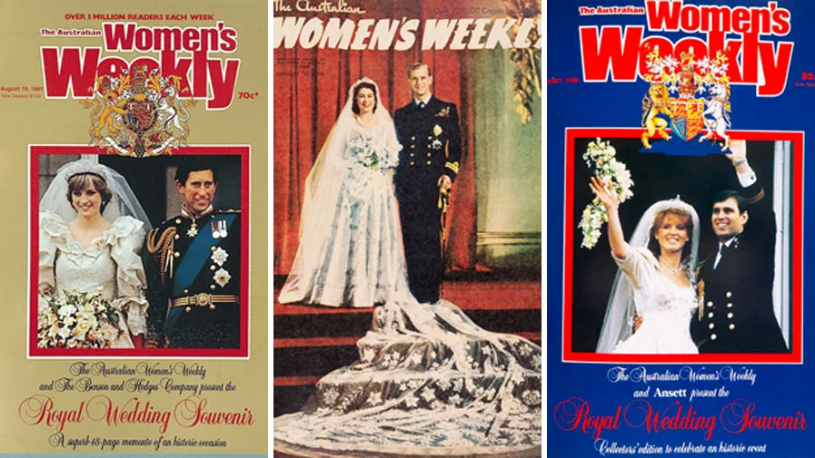 Australian Women's Weekly royal wedding covers featuring brides and grooms from past royal weddings.