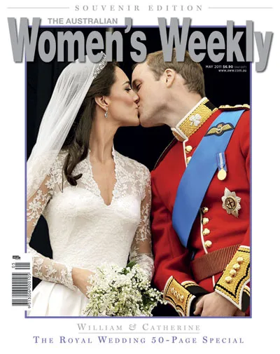 The cover of "The Australian Women's Weekly" features a bride and groom in a royal wedding kiss.