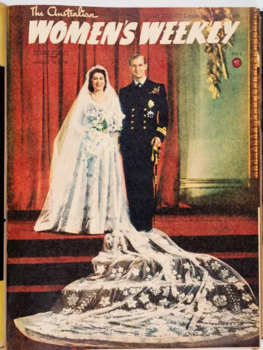 Australian Women's Weekly cover: bride in long gown with groom in military uniform on a red carpeted staircase.