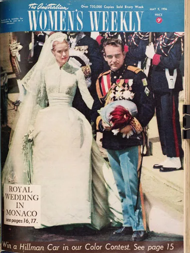 Bride in an elegant wedding dress with groom in uniform, featured on "The Australian Women's Weekly" cover, May 1956.
