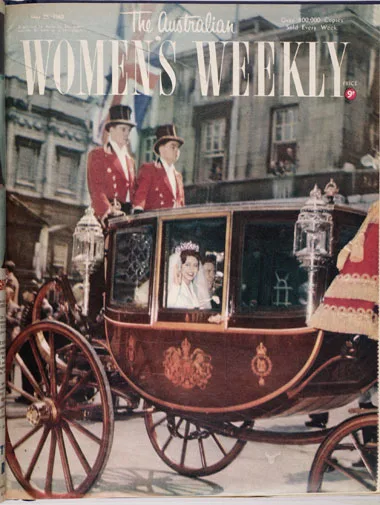 Royal carriage procession with two women inside and footmen outside, featured on The Australian Women's Weekly cover.