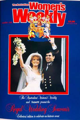Royal couple waving on "The Australian Women's Weekly" August 1986 cover, titled "Royal Wedding Souvenir."