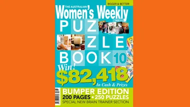 The Australian Women's Weekly Puzzle Book cover, promoting 250 puzzles and prizes worth $82,418.