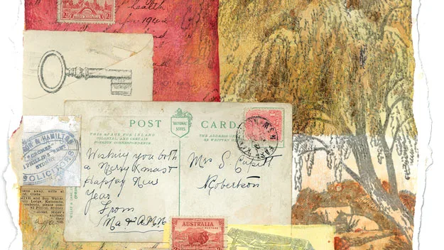 Collage of vintage postcards and stamps, featuring a large key and an illustration of a tree.