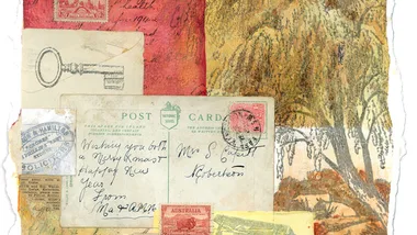 Collage of vintage postcards and stamps, featuring a large key and an illustration of a tree.