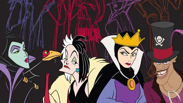 Four animated Disney villains: Maleficent, Cruella de Vil, Evil Queen, and Dr. Facilier, posing against a dark sketchy background.