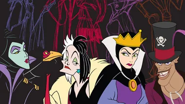 Four animated Disney villains: Maleficent, Cruella de Vil, Evil Queen, and Dr. Facilier, posing against a dark sketchy background.